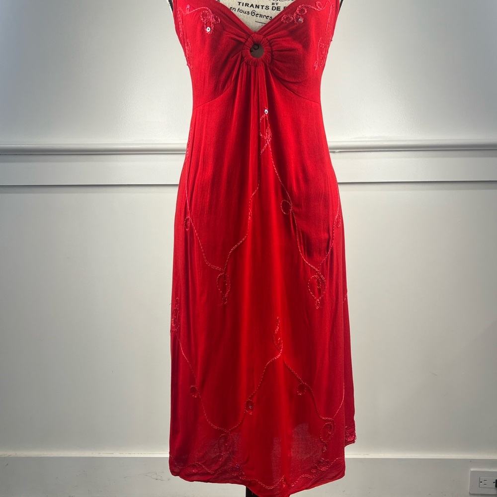 Lightweight Red Sundress with Keyhole and Embroidery/Bead Accents
